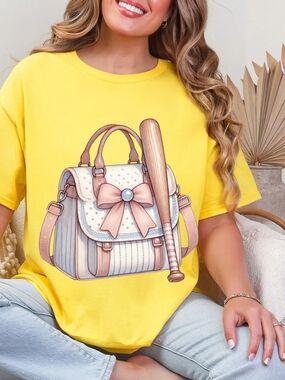 Gildan Yellow Tee with Pink & Beige Handbag Graphic